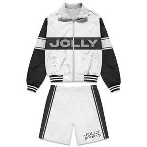 Men windbreaker short set polyester micro twill black <b>white</b> <b>panel</b> design heattransfer logo custom Windbreaker Shorts Set for Men - Product Image 1