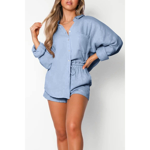 Women <b>Linen</b> Cotton Button Down Shirt <b>Set</b> Solid Color Casual Turn Down Collar Breathable Woven Short Sleeve Top With Shorts - Product Image 5