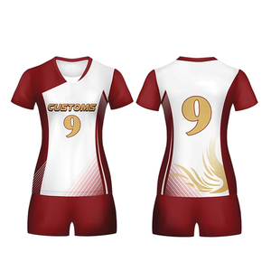 Sublimation Women Volleyball Jersey Dark Red White V Neck <b>Short</b> Sleeve <b>Shorts</b> Set Custom Wholesale - Product Image 5
