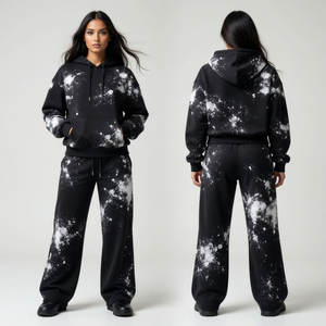 Conjunto de Sudadera con Capucha y Pantalones con Estampado Galáctico Negro para Mujer, Chaqueta Corta con Cremallera, Pantalones Deportivos de Pierna Ancha, Estilo Grunge Oversize, Atuendo Combinado - Product Image 2