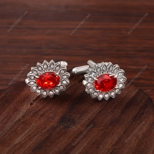 Mancuernillas Florales de Circonio Rojo para Hombre, Tono Plateado, Accesorios para Camisa Formal de Boda, Regalo de Negocios para Novio, Joyería de Lujo - Product Image 3