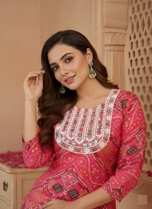 Conjunto de Kurta y Pantalón Recto de Algodón Rosa Estampado, Cuello Redondo, Largo hasta la Pantorrilla, Traje Étnico de Uso Diario para Mujer, Tallas M, L, XL, XXL - Product Image 6