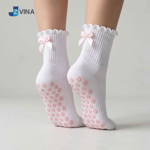 JZVINA <b>Women</b> Non-Slip Bow Crew <b>Socks</b> With Flower Grip Ankle Length Cotton Anti-Slip Floor <b>Socks</b> for Pilates - Product Image 1