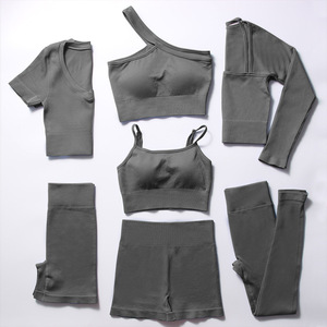 Conjunto de Yoga Acanalado Sólido para Mujer, 6 Piezas, Cintura Alta, Transpirable, Ropa Deportiva para Fitness, Azul, Spandex, Poliéster - Product Image 2