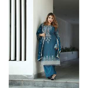 งานปักลาย Chinon ลำดับจากนักออกแบบด้วยสีเขียวอมเขียว dupatta - Product Image 1