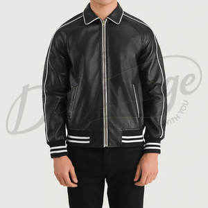 Veste bomber varsity en cuir véritable noir pour homme, poignets côtelés rayés, cuir pleine fleur de qualité supérieure, classique - Product Image 3