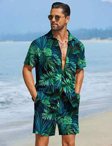 Chemise à manches courtes à col boutonné et imprimé feuilles de palmier tropicales bleu-vert pour homme, ensemble 2 pièces avec short assorti, tenue hawaïenne décontractée - Product Image 4