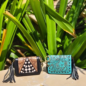 Portable Handmade 100% Genuine Leather Mini Coin Purse Hand Tooling Florals Carved With Checkered Pattern Mini Coin Chain <b>Wallet</b> - Product Image 3