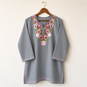 Steel Grey Kashmiri Pheran <b>Kurti</b> with Pink Paisley Embroidery Buy Direct From Designer - Product Image 3