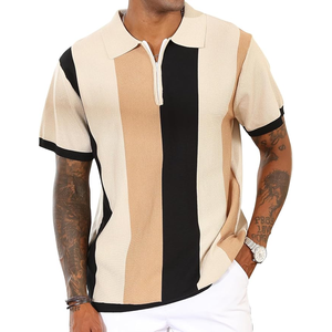 <b>Men's</b> Knitted Short Sleeve Polo Shirt Color Blocked Striped Casual Zipper Design Regular Fit - Product Image 1