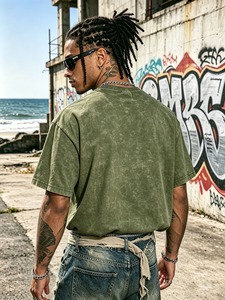 Custom <b>Vintage</b> Washed 100 Cotton T Shirt Threaded Neckline Loose Casual <b>Tee</b> - Product Image 2