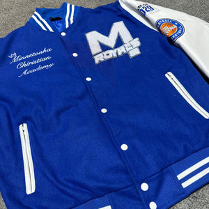 Blue white varsity <b>jacket</b> Embroidered patch design <b>jacket</b> Men's preppy style <b>jacket</b> Custom Royals <b>jacket</b> - Product Image 6
