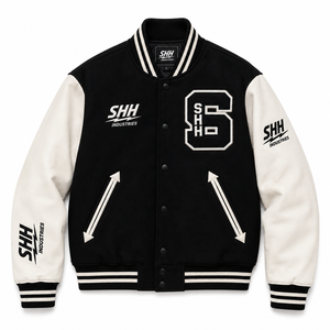 แจ็คเก็ตวาร์ซิตี้สีดำขาวแบบกำหนดเองของ SHH INDUSTRIES สำหรับผู้ชาย ปักลายเชนิลล์ แจ็คเก็ตเบสบอลแบบ Letterman แขนหนัง - Product Image 1
