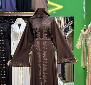 Abaya de Alta Calidad, Modesta, Estilo Dubái, con Cuentas y Lentejuelas, Manga Larga, Tradicional Musulmana, Hecha a Mano, para Boda, Transpirable, Cuello en V - Product Image 6