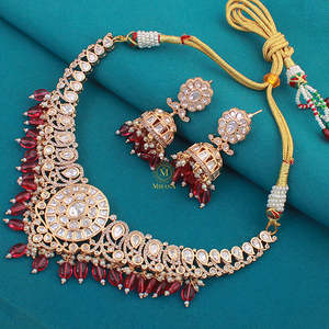 Fine Gold Plated Zircon Polki Designer <b>Necklace</b> & <b>Earring</b> <b>Set</b> for <b>Bridal</b> Festival - Product Image 1