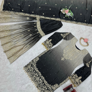 Hermoso Salwar Kameez de Diseño Moderno en Tela Chinon Pesada con Diseño en Relieve de Perlas, Secado Rápido para Fiestas y Bodas - Product Image 1