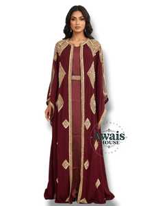 Caftán Marroquí con Cuentas Awais House, Abaya Abierta de Manga Larga, Vestido Modesto con Cuello en V para Adultos, Bordado para Bodas y Eid - Product Image 1