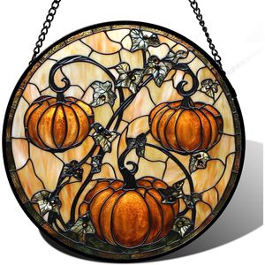 Decorazione di Halloween: Acchiappasole in Vetro Colorato a Forma di Zucca Arancione con Foglie, da Appendere a Porte e Giardini - Product Image 1