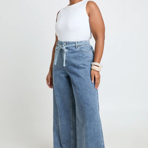 Pantalones vaqueros de mezclilla de cintura alta y pierna ancha para mujer, estilo casual, talla grande, con cordones delanteros, de algodón suave, largos, los más vendidos. - Product Image 3