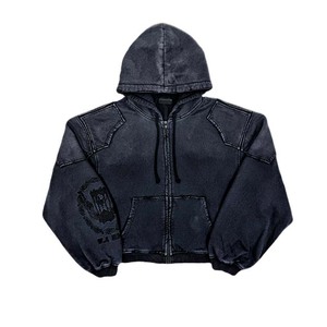 Men's Oversized Cropped Denim <b>Hoodie</b> With Left Sleeve Logo <b>Zip</b> Front <b>Pocket</b> Casual Washed Style - Product Image 1