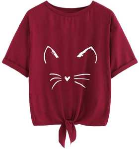 Women's <b>Cat</b> Face Graphic <b>T</b>-Shirt White Whisker Print Tie Front Knotted Crop Top Casual Round Neck Tee Casual <b>T</b>-Shirt Tie Hem Top - Product Image 1