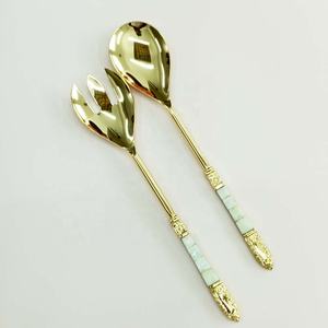 Amazing <b>Gold</b> Stainless Steel Spoon and Fork Salad Servers Elegant MOP & Embossed Design End Handles Cutlery Salad Server Set - Product Image 1