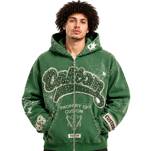 Sweat à capuche zippé Y2K vintage épais avec broderie graphique toile d'araignée et clous en strass personnalisés, coupe oversize et carrée, style streetwear - Product Image 1