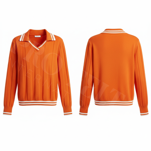 Camiseta Polo de Punto Acanalado con Cuello en V, Estilo Moderno, Cuello en Contraste, Suéter Informal para Otoño e Invierno, Color Personalizado, Elegante y Cómodo - Product Image 4