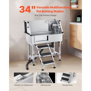 Stazione di lavaggio per cani da esterno in acciaio inossidabile da 34 pollici con rubinetto caldo/freddo e soffione doccia - Product Image 2