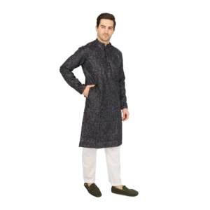 Ensemble de kurta pour homme de créateur avec broderie en satin noir TMEN03-01-S - Product Image 3