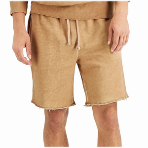 Men's Khaki Hooded Sweatshirt & Shorts <b>Set</b> Casual Solid Color Full Sleeve Loose Fit Midweight 100% Cotton Summer Wear - Product Image 4