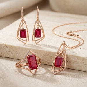 18K Solid Gold Natural <b>Ruby</b> Geometric Jewelry Set Modern Fine Jewelry Ring Pendant <b>Necklace</b> and Stud Earrings - Product Image 4