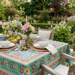 Flower Blossom Jade Gud Hand Block Printed Cotton <b>Tablecloth</b> 180x270cm Handmade Luxury Eco-friendly Designer Premium Dining Home - Product Image 5