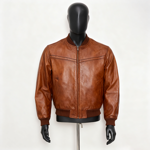 Men's Brown Genuine Leather Bomber <b>Jacket</b> Zipper Closure Turn-down Collar Casual Autumn Wear - Product Image 1