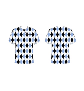 T-shirt personnalisé sublimé imprimé sur toute la surface, motif Argyle noir, blanc et bleu, unisexe, col rond, respirant, en polyester, Ferocious - Product Image 1