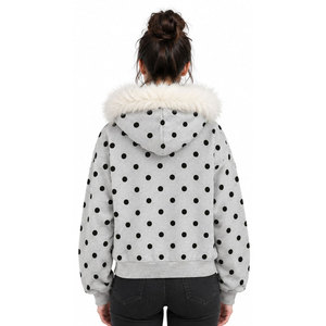 Veste à capuche zippée pour femme, style streetwear, gris à pois, avec col en fausse fourrure, vêtements d'hiver décontractés, sweats à capuche - Product Image 3