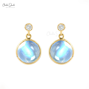 Pendientes Colgantes de Piedra Lunar Arcoíris de 8MM con Diamantes Incrustados en Bisel, Oro Amarillo Sólido de 14K, Pendientes Clásicos con Gemas para Fiesta - Product Image 1
