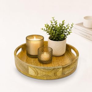 Bandeja Redonda de Madera de Acacia KHATI HOUSE con Asas de 24.5 cm, Acabado Pulido para Decoración del Hogar y Uso en la Cocina - Product Image 1