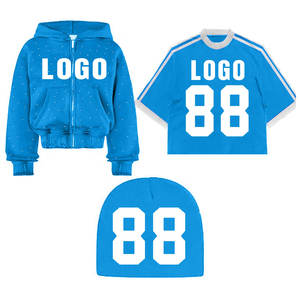 Ensemble sweat à capuche, t-shirt et bonnet violet avec logo 88, style streetwear unisexe, pour l'automne, manches longues, fermeture éclair frontale, imprimé, coupe ample - Product Image 4