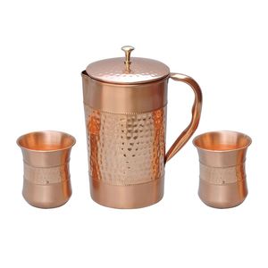 Juego de Jarra de Agua de Cobre Martillado a Mano con Tapa y Dos Vasos de Cobre a Juego, Juego Tradicional para Servir Bebidas en Restaurantes y Hoteles - Product Image 1