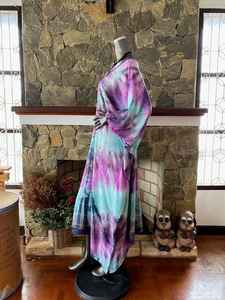 Vestido Caftán de Rayón Teñido a Mano con Técnica Shibori, Talla Grande, Color Turquesa, Estilo Boho, para la Playa - Product Image 3