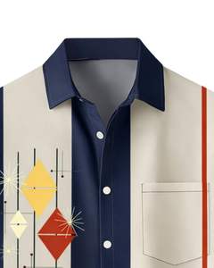 Camisa de Manga Corta con Botones y Estampado Geométrico Retro Azul Marino y Beige, Informal, de Verano, para Hombre, Fabricante OEM, Suministro al por Mayor - Product Image 5
