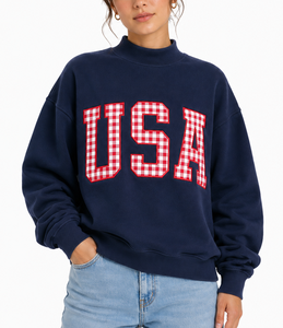 Sudadera Oversize Personalizada para Mujer con Cuello Alto, 100% Algodón, Aplique de Letra Griega y Bordado a Cuadros, Suéter de Invierno - Product Image 1