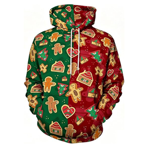 Sweat à capuche de Noël personnalisé à motif pain d'épices bicolore, imprimé intégral, en polaire, pour les fêtes, par sublimation - Product Image 1