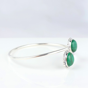 Top Natural Malachite Two-<b>Stone</b> Round Bangle <b>Bracelet</b> - 925 Sterling Silver Plated Adjustable Open Cuff Jewelry for Wholesale - Product Image 3