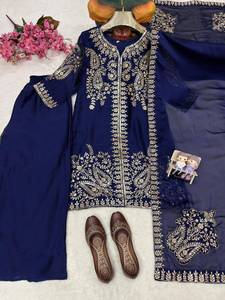 Ensemble Kurta Palazzo bleu marine brodé pour femme avec dupatta, tenue ethnique de créateur, tenue de soirée, salwar traditionnel indien - Product Image 2