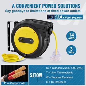 Avvolgicavo retrattile da 20m/1.5m con cavo 14AWG/3C SJTOW per impieghi gravosi, presa tripla illuminata da 75 FT (22,86m) 13 Amp - Product Image 4