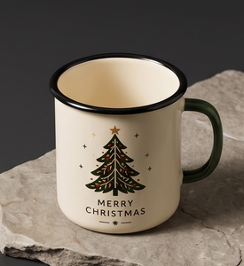 Holiday Festive Season Metal Camp Cup Custom Logo Printing Heavy Duty <b>Iron</b> Enamel Mug Featuring Decorated Christmas Tree - Product Image 2
