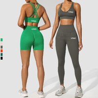 Conjunto Deportivo de 2 Piezas para Mujer, Shorts de Cintura Alta con Tirantes Cruzados, Logotipo Frontal, Transpirable, Cintura Elástica sin Costuras, para Gimnasio y Yoga