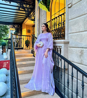 Robe de soirée élégante pour femme, kaftan longueur cheville, à manches mi-longues, ornée de perles de lavande et gaufrée, taille naturelle, coupe droite, luxueuse et modeste